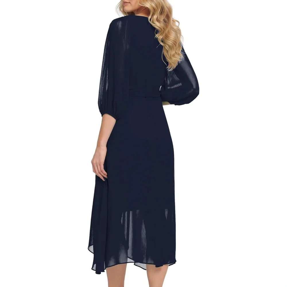 DKNY Chiffon Dress Puff Sleeve Navy Faux Wrap Belted Fit n Flare NWT Size 6 $139 - Picture 5 of 6